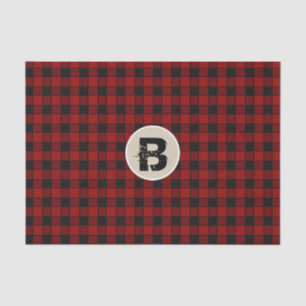 Papel De Seda Monograma Inicial Xadrez Preto e Vermelho Grunge