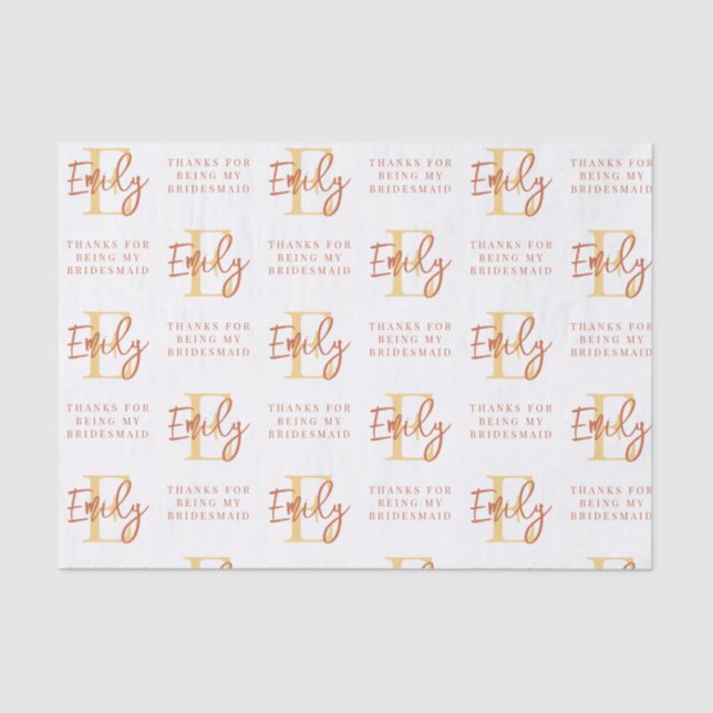 Papel De Seda Monograma Terracotta Pattern Bridesmaid Obrigados  (Frente )