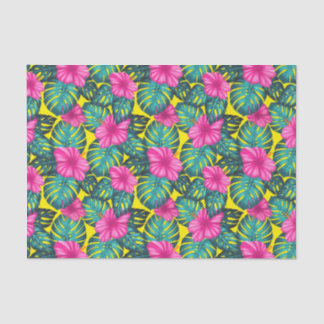 Papel De Seda Monstera Leaves e Hibiscus, Rosa Teal em Amarelo