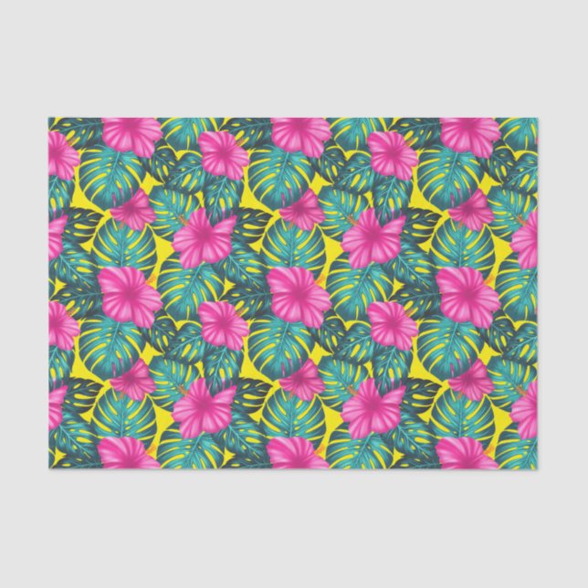 Papel De Seda Monstera Leaves e Hibiscus, Rosa Teal em Amarelo (Frente )