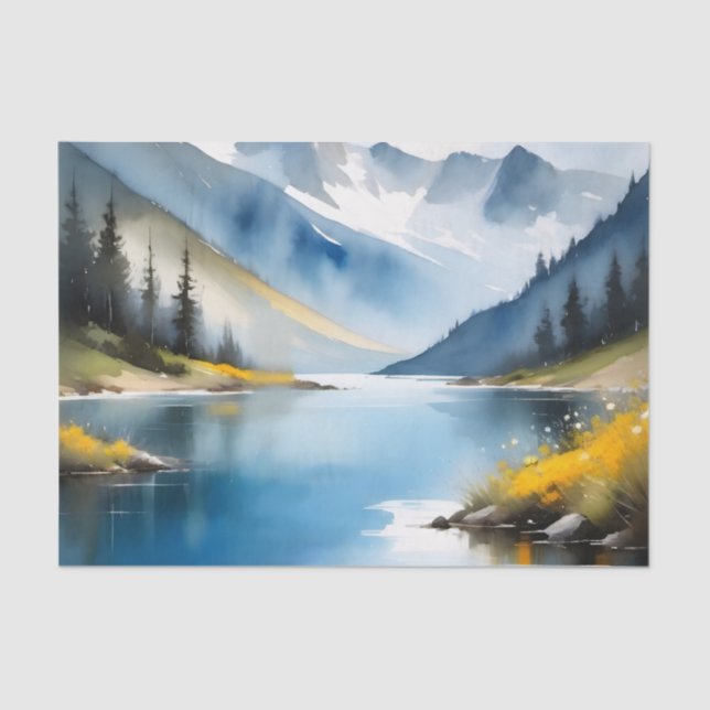 Papel De Seda Montanhas com capa de neve e um lago (Frente )