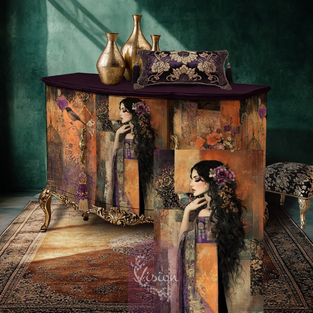 Papel De Seda Moody Boho Girl in a Kimono Patch Art (Mix and Match, Moody Boho, Kimono Girl & Butterfly, Patchwork Art, Decoupage Tissue Paper)