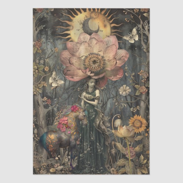 Papel De Seda Moody Dark Rustic Fantasy Garden Girl Decoupage  (Frente )