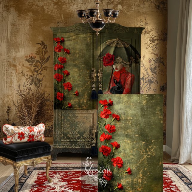 Papel De Seda Moody Romantic Carlets Green Patina (Moody Romantic Scarlet Carnations and Green Patina, Decoupage Tissue paper.)