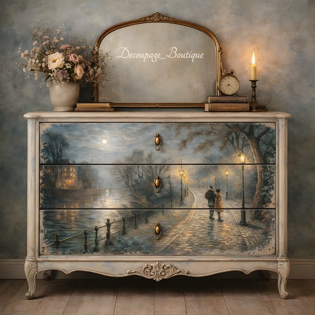 Papel De Seda Moonlit Couple Walking Riverside Path Decoupage (Moonlit Couple Walking Riverside Path Decoupage Tissue Paper Mockup)