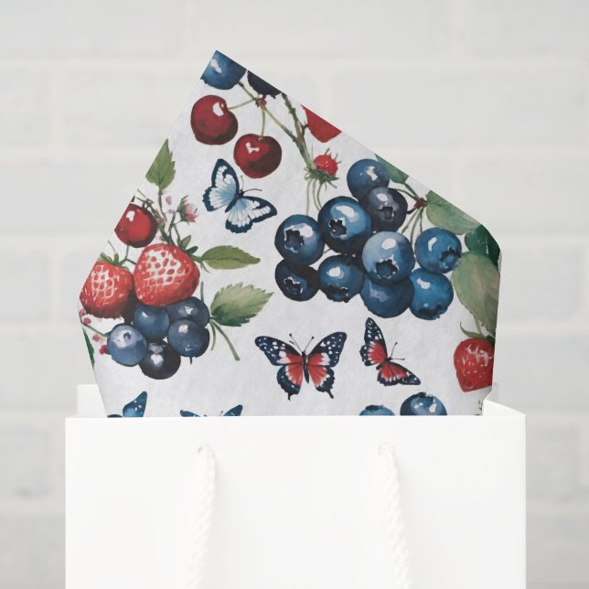 Papel De Seda Morangos Com Airelas e Borboletas (Sacola de presentes)
