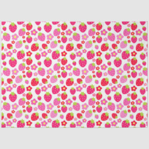 Papel De Seda Morangos e Flores Cor-de-Rosa e Vermelhos Fofos em