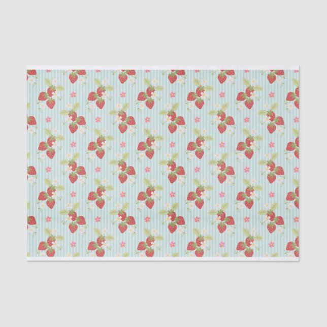 Papel De Seda Morangos em um padrão de fundo azul claro (Frente )