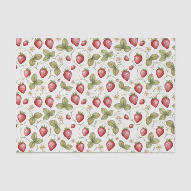 Papel De Seda Morangos, Folhas e Flores em Aquarela (Frente )