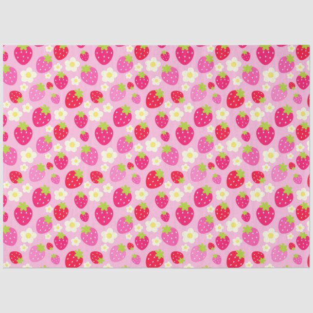 Papel De Seda Morangos Vermelhos e Rosas Fofos e Flores Brancas (Frente )