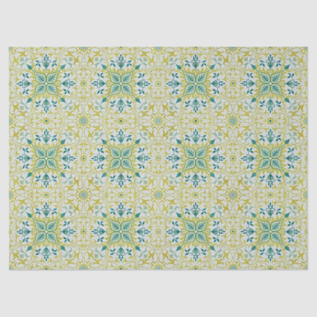 Papel De Seda Morris Yellow Turquoise Vine & Flower Pattern (Frente )