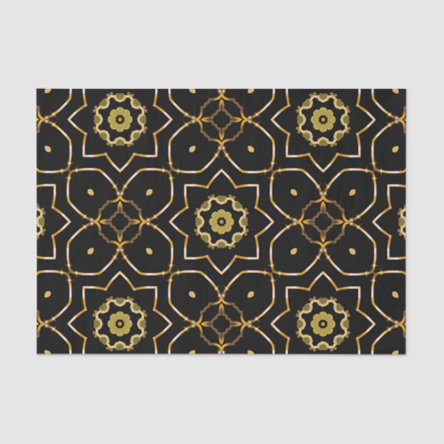 Papel De Seda Mosaico Dourado e Preto Elegante Filigree Sparkly  (Frente )