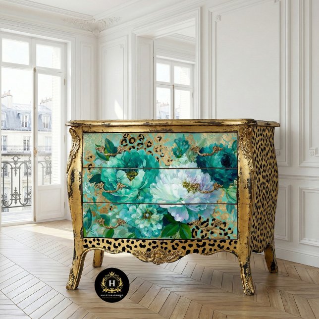 Papel De Seda Móveis Decoupage com Onça Floral Turquesa (Criador carregado)