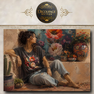 Papel De Seda Mulher Boho em Jeans ao Lado de Vasos de Flores Co