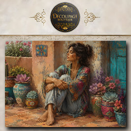Papel De Seda Mulher Boho Sentada Entre Vasos de Flores Colorido