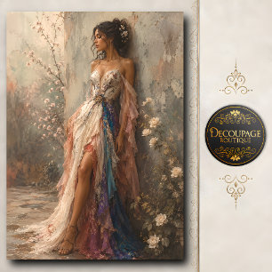 Papel De Seda Mulher Boho Vintage em Vestido Floral de Patchwork