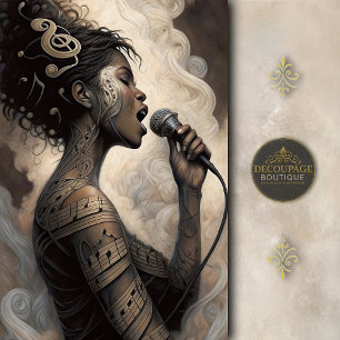 Papel De Seda Mulher Cantando com Tatuagens Musicais Decoupage