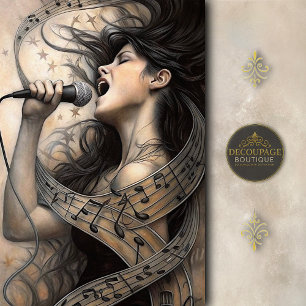 Papel De Seda Mulher Cantando Envolta em Decoupage de Notas Musi