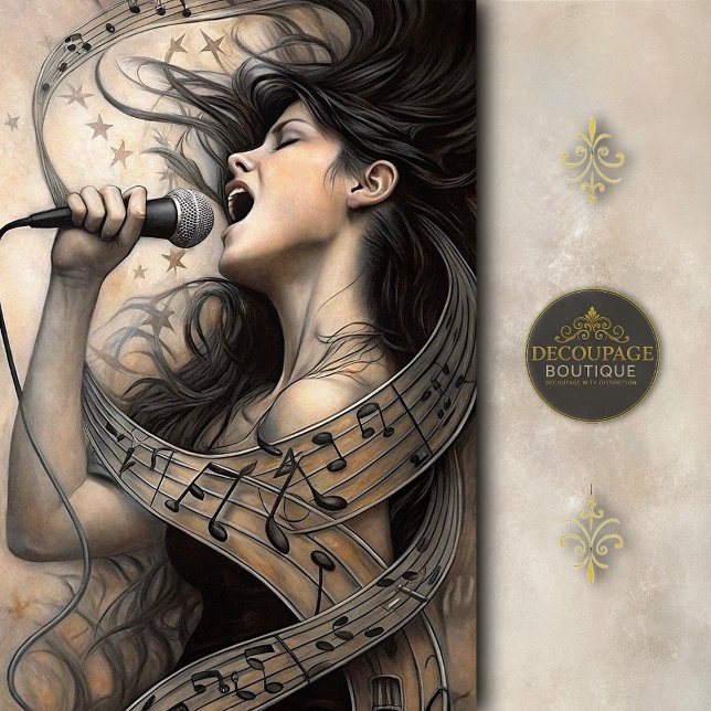 Papel De Seda Mulher Cantando Envolta em Decoupage de Notas Musi (Singing Woman Wrapped in Musical Notes Decoupage Tissue Paper)
