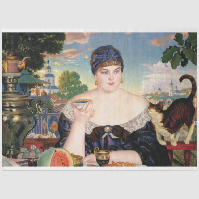 Papel De Seda Mulher comendo melancia com pintura de gatos (Frente )