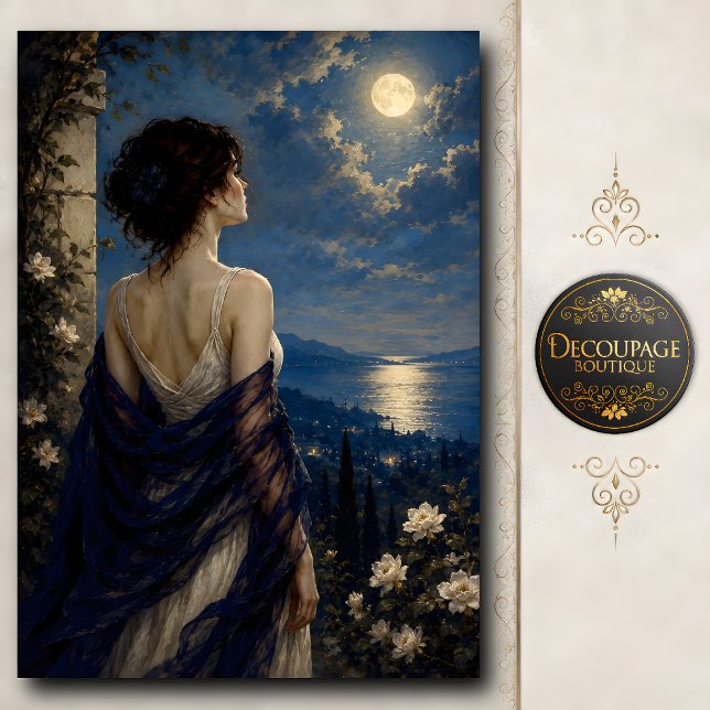 Papel De Seda Mulher Contemplando a Lua Cheia Sobre o Oceano (Woman Gazing At Full Moon Over Ocean Tissue Paper)