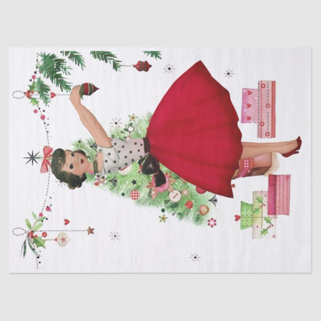 Papel De Seda Mulher de Natal de 1950 com Árvore de Natal (Frente )