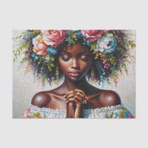 Papel De Seda Mulher De Pele Escura Reza Retrato Floral