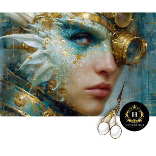 Papel De Seda Mulher Dragão Teal Dourado Arte Steampunk Decoupag
