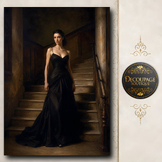 Papel De Seda Mulher Elegante em Vestido Preto na Escadaria