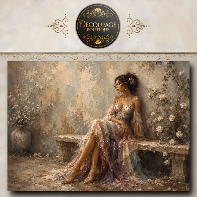 Papel De Seda Mulher Elegante Sentada em Banco de Jardim com Ros (Elegant Woman Sitting On Garden Bench With Roses Tissue Paper)