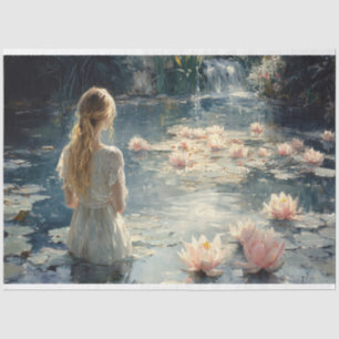 Papel De Seda Mulher em um Lírio Serene Pond Blooming