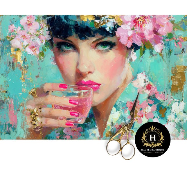 Papel De Seda Mulher Floral Glam com Desnutação de Bebida Rosa (Criador carregado)