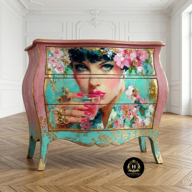 Papel De Seda Mulher Glam Floral com Decoupage de Bebida Rosa (Criador carregado)