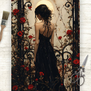 Papel De Seda Mulher Gótica vestida a preto entre Rosas vermelha
