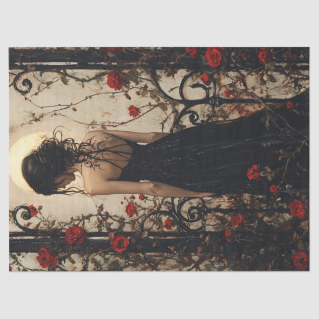 Papel De Seda Mulher Gótica vestida a preto entre Rosas vermelha (Frente )