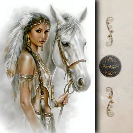 Papel De Seda Mulher Indígena & Cavalo Branco Decoupagem