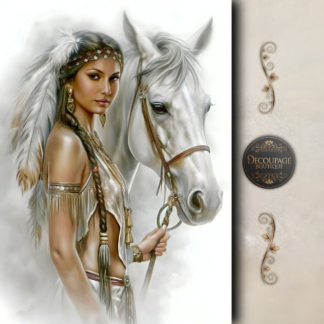Papel De Seda Mulher Indígena & Cavalo Branco Decoupagem (Native Woman & White Horse Decoupage Tissue Paper)