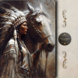 Papel De Seda Mulher Indígena & Headdress de Cavalo Branco Decou