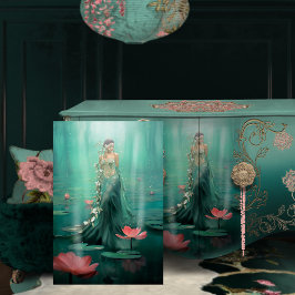 Papel De Seda Mulher Linda Lótus Água Esmeralda Verde