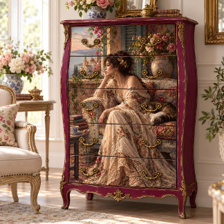 Papel De Seda Mulher Mediterrânea Com Gato e Rosas Decoupage