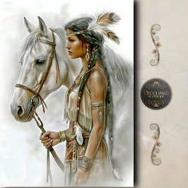 Papel De Seda Mulher Nativa Americana & Cavalo Branco Decoupagem