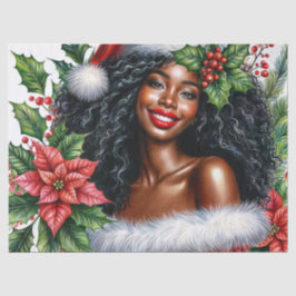 Papel De Seda Mulher Negra Sorrindo De Chapéu De Papai Noel Nata