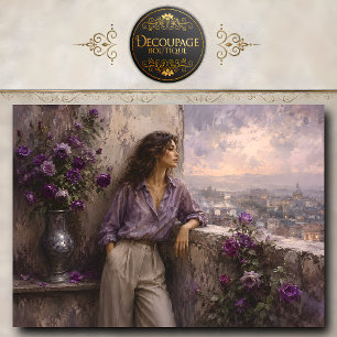 Papel De Seda Mulher Observando a Paisagem Urbana Com Rosas Roxa