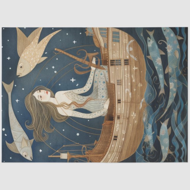 Papel De Seda Mulher Primitiva com Peixes de Peixe (Frente )