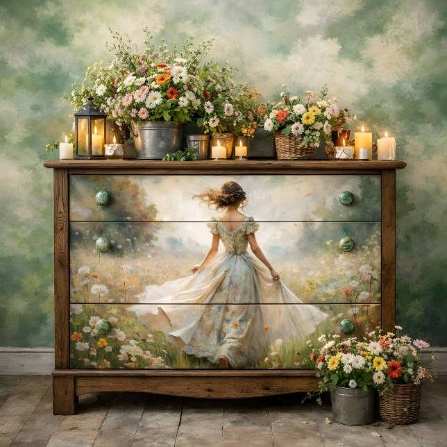 Papel De Seda Mulher Romântica em Campo de Flores Silvestres Dec (Romantic Woman in Wildflower Meadow Decoupage Tissue Paper)