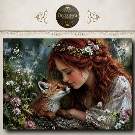 Papel De Seda Mulher Ruiva Raposa Flores Silvestres Decoupage