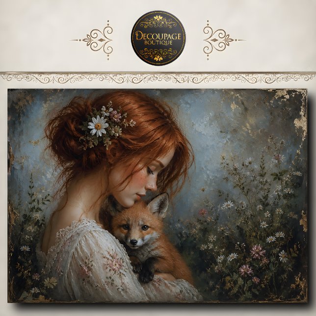 Papel De Seda Mulher Ruiva Raposa Margaridas Decoupage (Redhead Woman Fox Daisies Decoupage Tissue Paper)