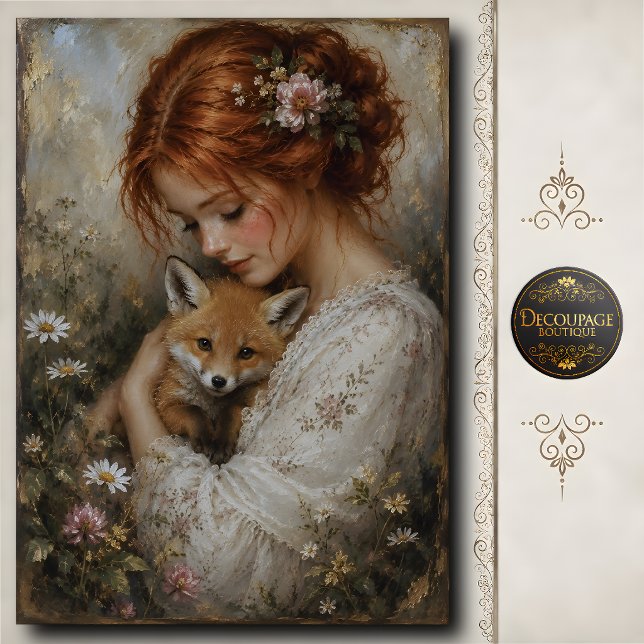 Papel De Seda Mulher Ruiva Raposa Peônia Decoupage (Redhead Woman Fox Peony Decoupage Tissue Paper)