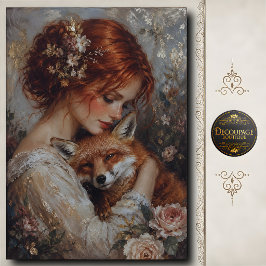 Papel De Seda Mulher Ruiva Raposa Rosas Decoupage