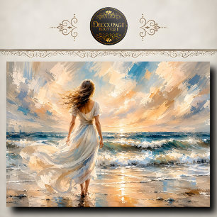 Papel De Seda Mulher Vestido Branco Oceano Pôr do Sol Decoupage